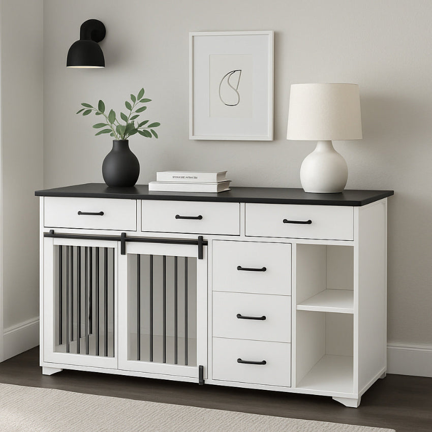 White sideboard with pet kennel door in a room with decor elements.