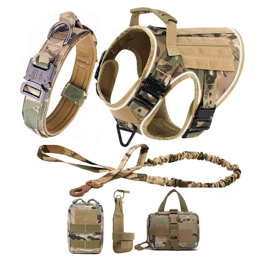 Reflective Dog Harness with 4 Metal Buckles Military Tactical Pet Training Walking K9 Vest Harnesses Leash Collar Set Large Dogs