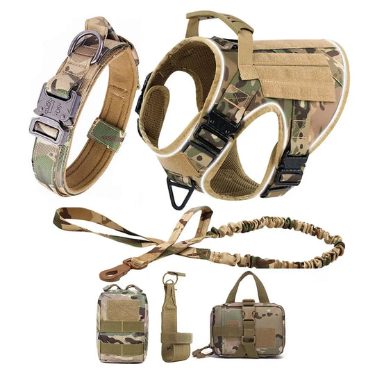 Reflective Dog Harness with 4 Metal Buckles Military Tactical Pet Training Walking K9 Vest Harnesses Leash Collar Set Large Dogs