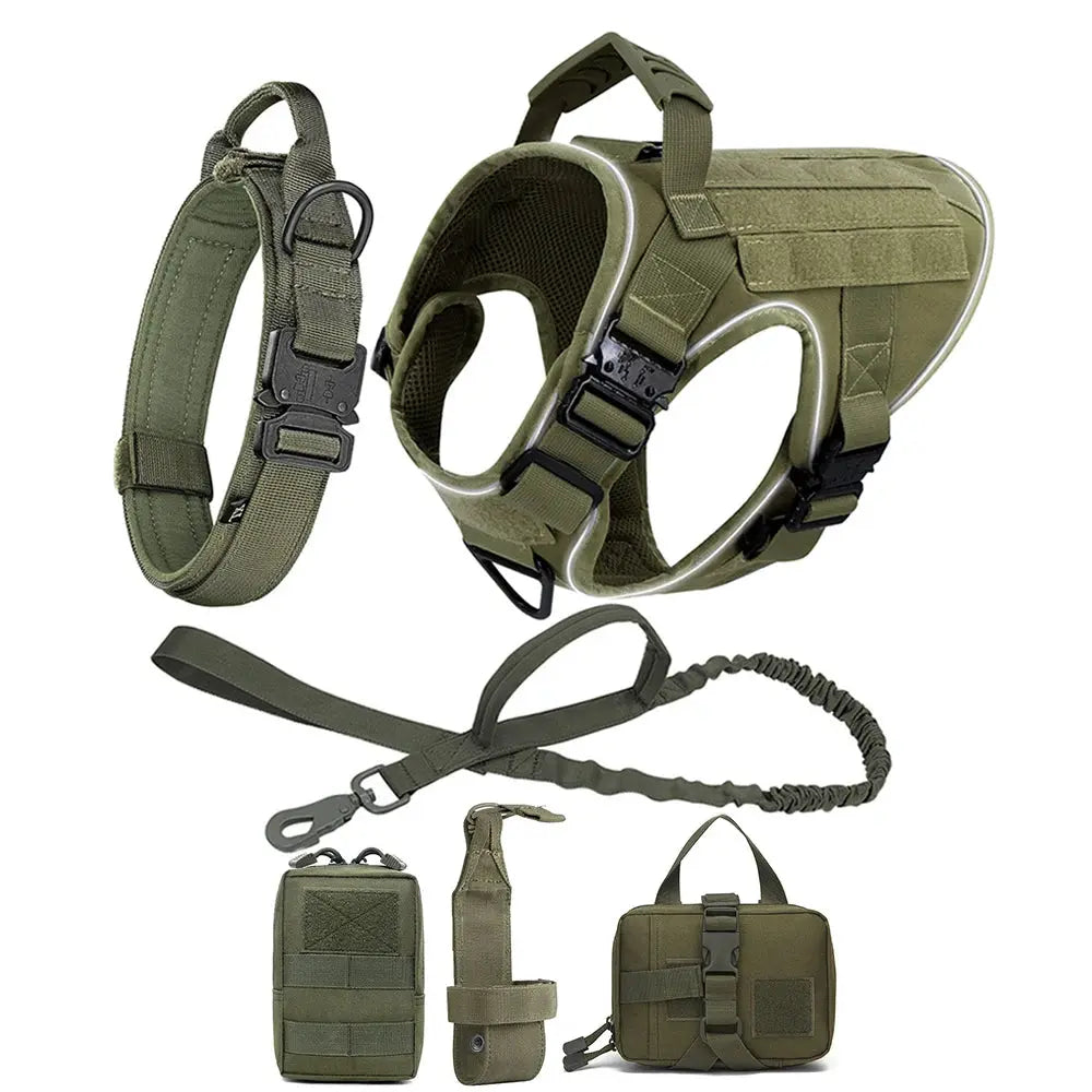 Reflective Dog Harness with 4 Metal Buckles Military Tactical Pet Training Walking K9 Vest Harnesses Leash Collar Set Large Dogs