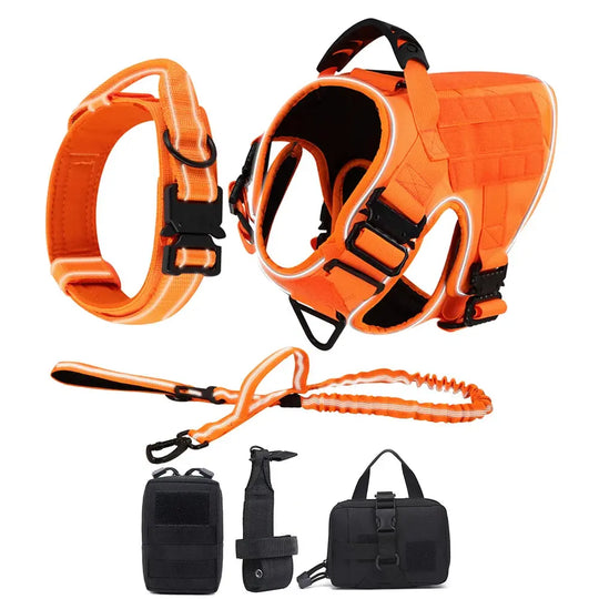 Reflective Dog Harness with 4 Metal Buckles Military Tactical Pet Training Walking K9 Vest Harnesses Leash Collar Set Large Dogs