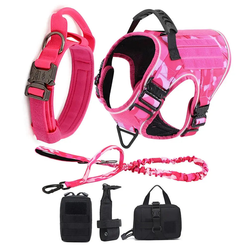 Reflective Dog Harness with 4 Metal Buckles Military Tactical Pet Training Walking K9 Vest Harnesses Leash Collar Set Large Dogs