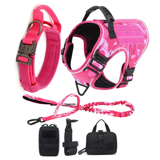 Reflective Dog Harness with 4 Metal Buckles Military Tactical Pet Training Walking K9 Vest Harnesses Leash Collar Set Large Dogs