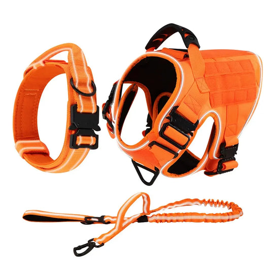 Reflective Dog Harness with 4 Metal Buckles Military Tactical Pet Training Walking K9 Vest Harnesses Leash Collar Set Large Dogs