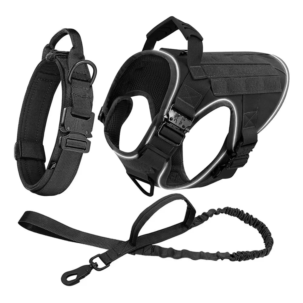 Reflective Dog Harness with 4 Metal Buckles Military Tactical Pet Training Walking K9 Vest Harnesses Leash Collar Set Large Dogs
