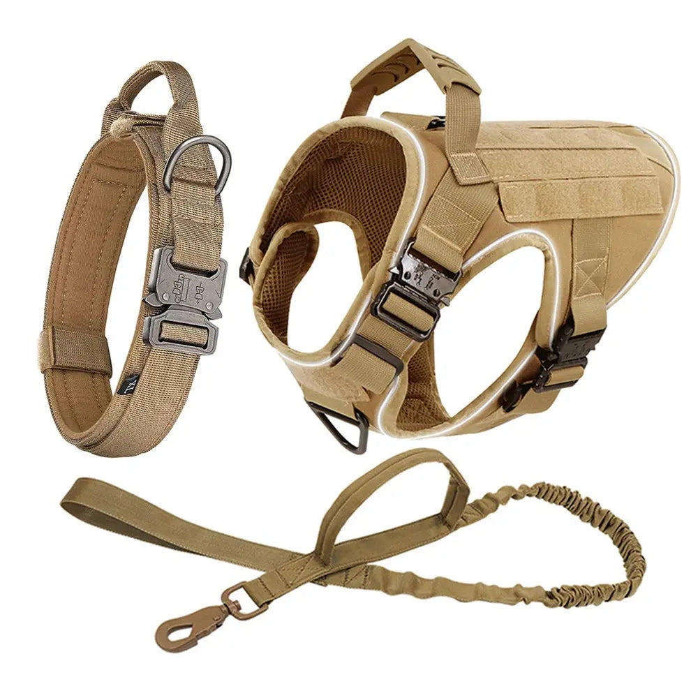 Reflective Dog Harness with 4 Metal Buckles Military Tactical Pet Training Walking K9 Vest Harnesses Leash Collar Set Large Dogs