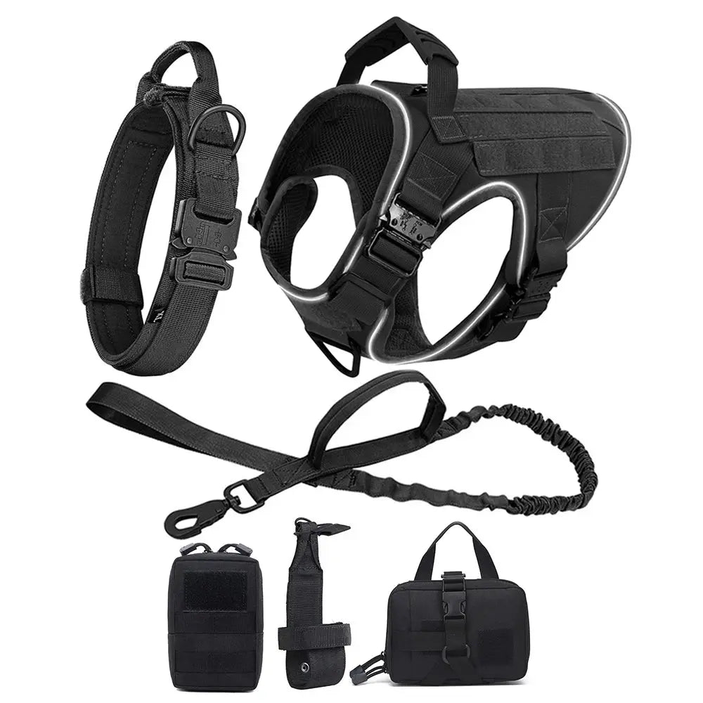 Reflective Dog Harness with 4 Metal Buckles Military Tactical Pet Training Walking K9 Vest Harnesses Leash Collar Set Large Dogs