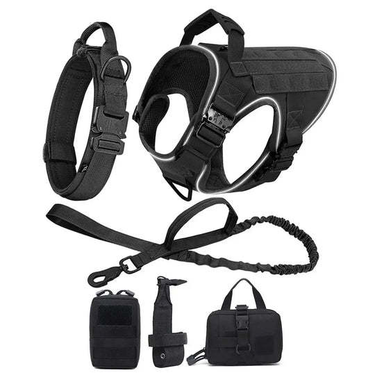 Reflective Dog Harness with 4 Metal Buckles Military Tactical Pet Training Walking K9 Vest Harnesses Leash Collar Set Large Dogs