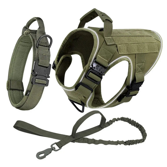 Reflective Dog Harness with 4 Metal Buckles Military Tactical Pet Training Walking K9 Vest Harnesses Leash Collar Set Large Dogs