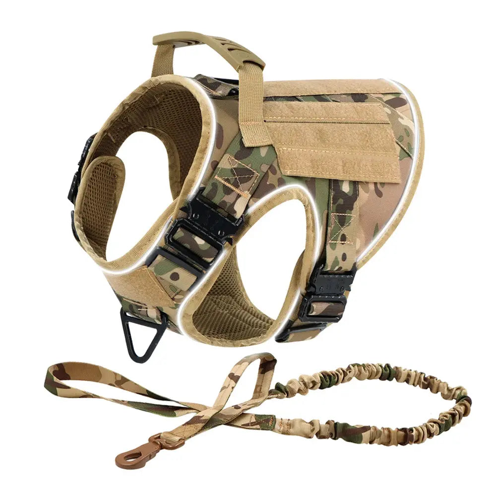 Reflective Dog Harness with 4 Metal Buckles Military Tactical Pet Training Walking K9 Vest Harnesses Leash Collar Set Large Dogs