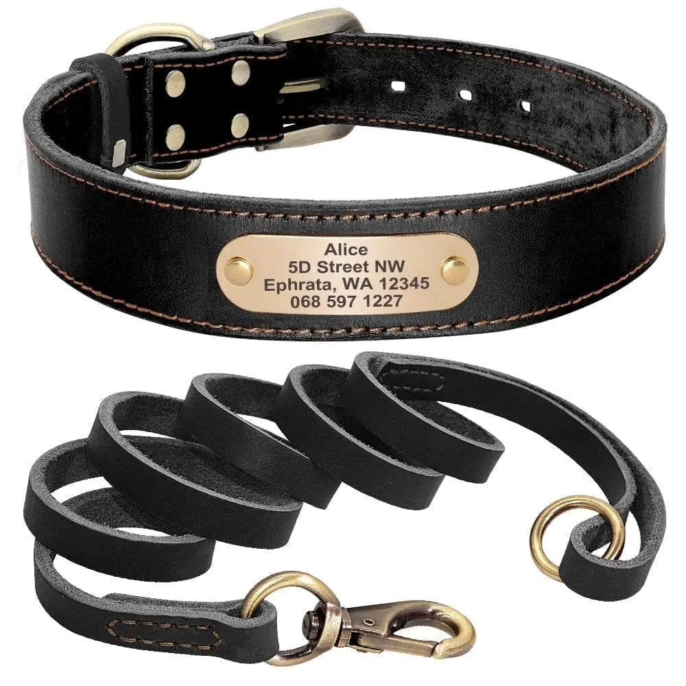 Personalized Genuine Leather Dog Collar BonaceBoutique Black Set XS