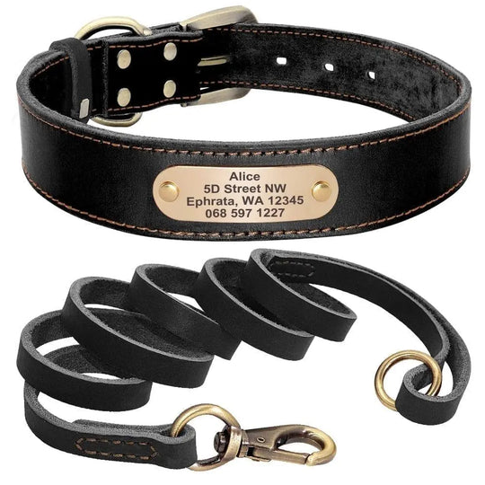 Personalized Genuine Leather Dog Collar BonaceBoutique Black Set XS