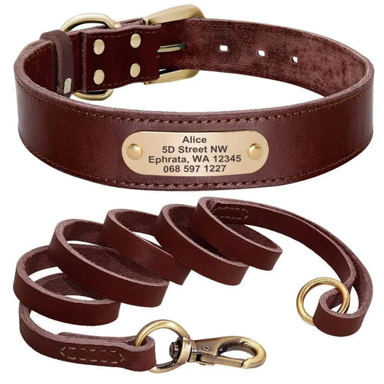 Personalized Genuine Leather Dog Collar BonaceBoutique Brown Set XS