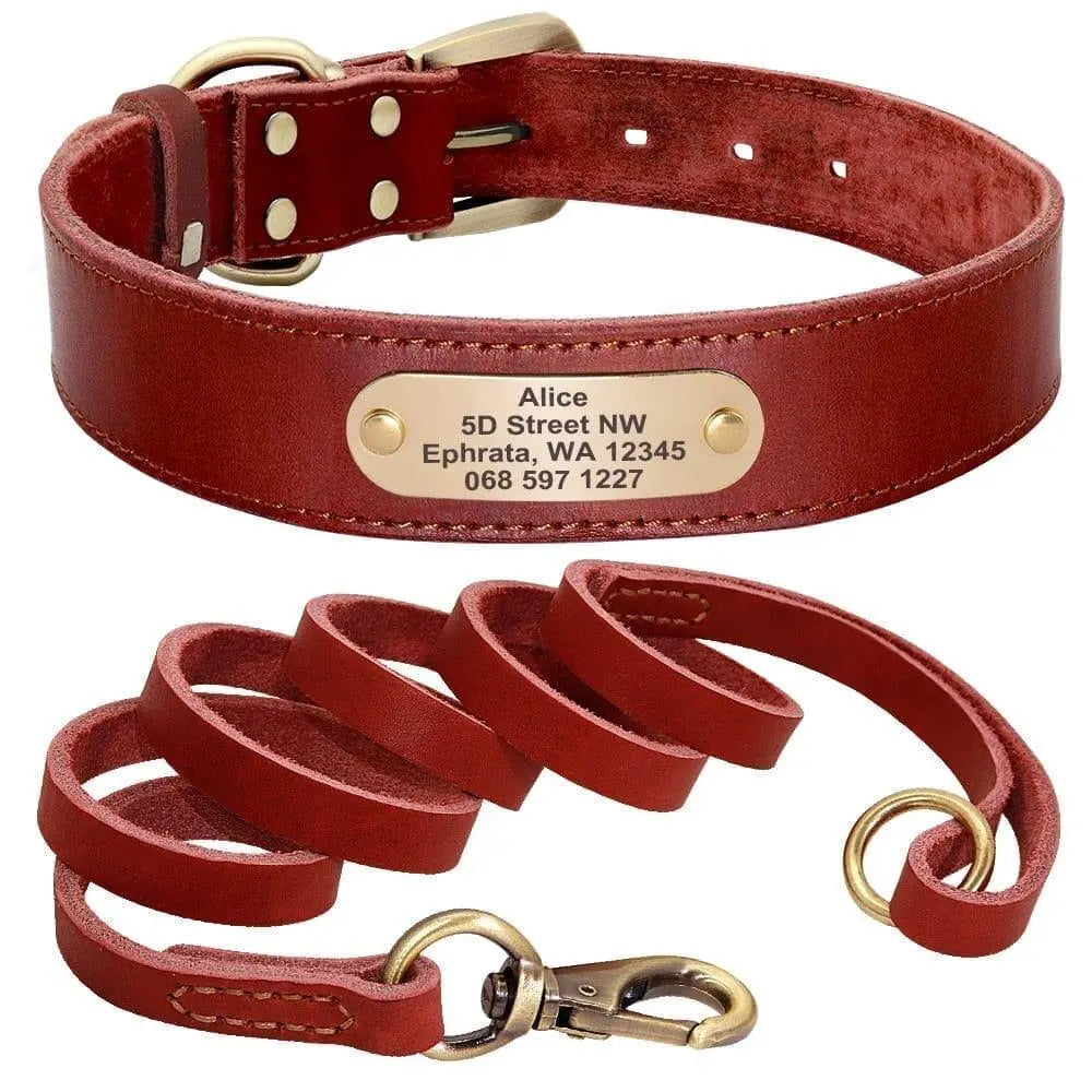 Personalized Genuine Leather Dog Collar BonaceBoutique Maroon Set XS