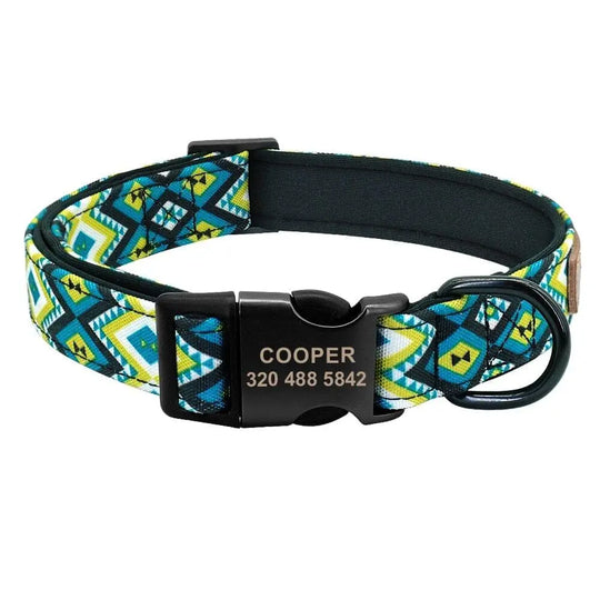 Personalized Patterned Dog Collar and Leash Set BonaceBoutique Blue Oasis S
