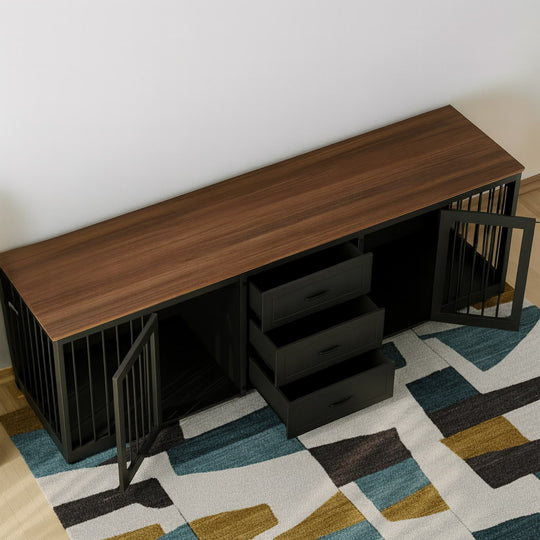 Wooden desk with black metal bars on a patterned rug