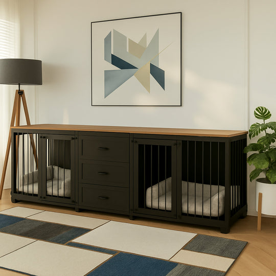 Black pet crate with wooden top in a room with a geometric art piece on the wall.