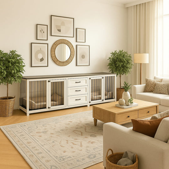 Living room with a white pet cage, decor, and furniture.