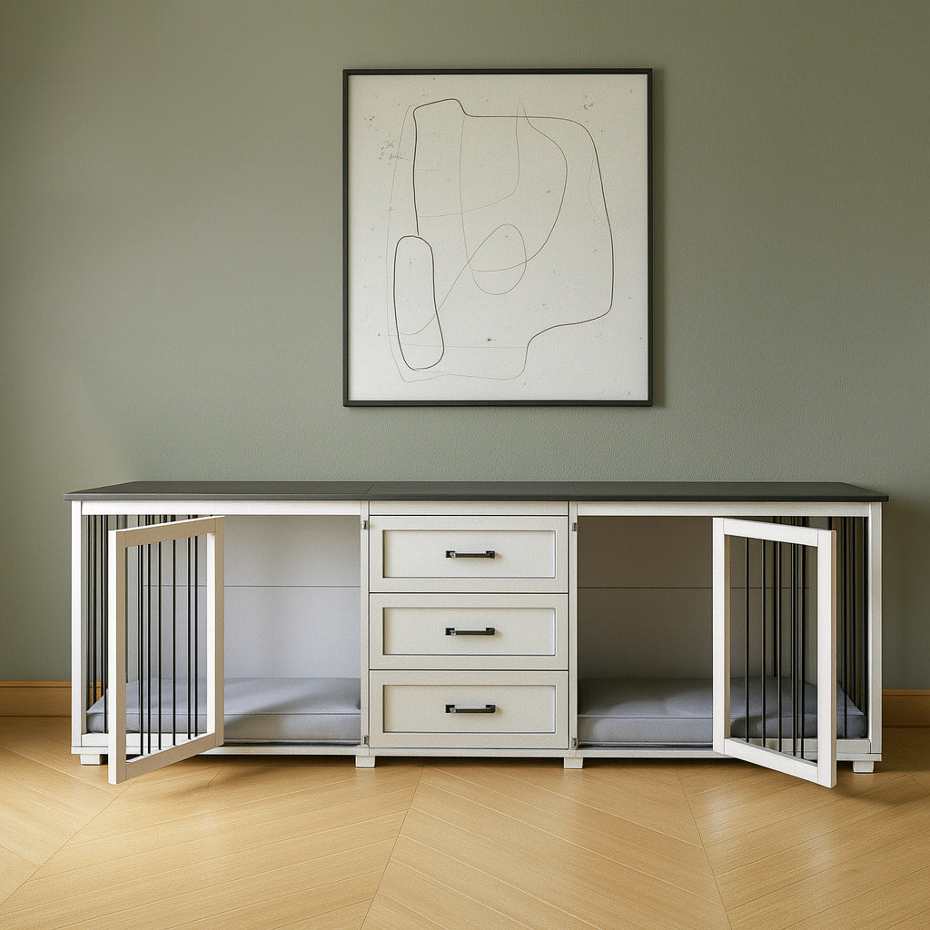 Modern pet crate with drawers against a green wall with abstract art.