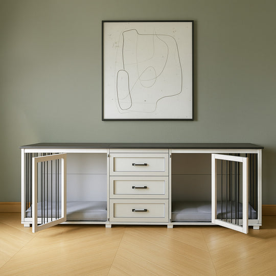 Modern pet crate with drawers against a green wall with abstract art.