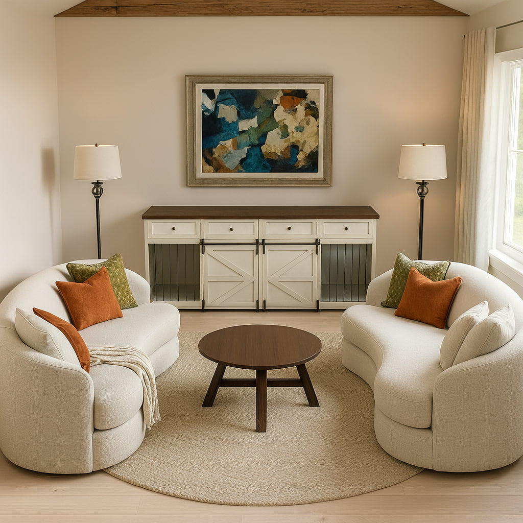 Modern living room with white sofas, a round wooden table, and abstract art on the wall.