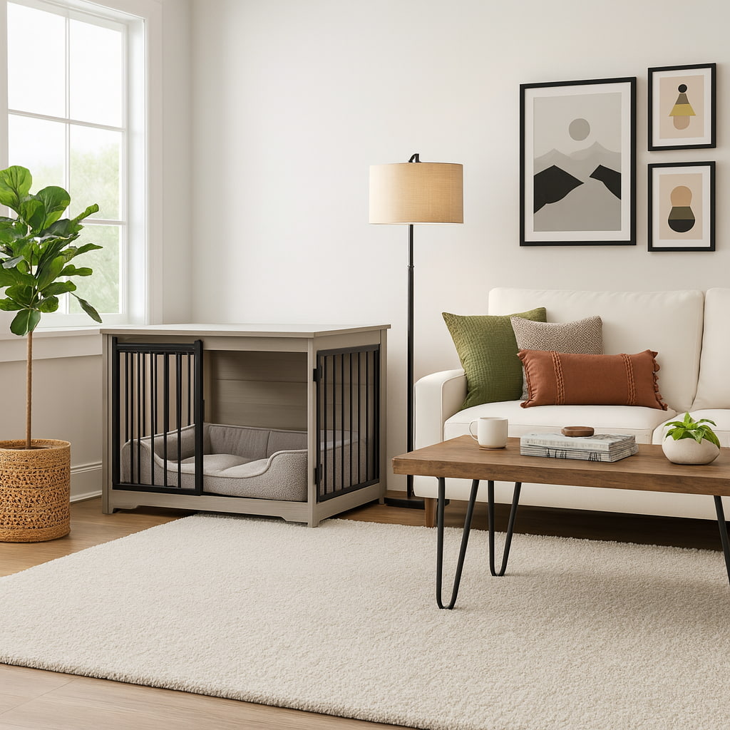 Living room with a pet crate, sofa, and coffee table.