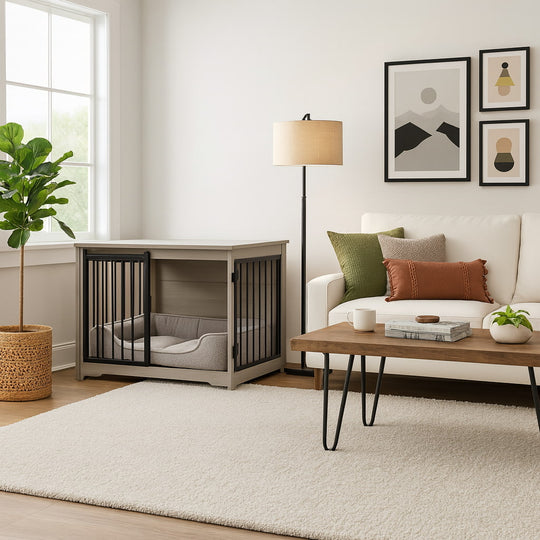 Living room with a pet crate, sofa, and coffee table.