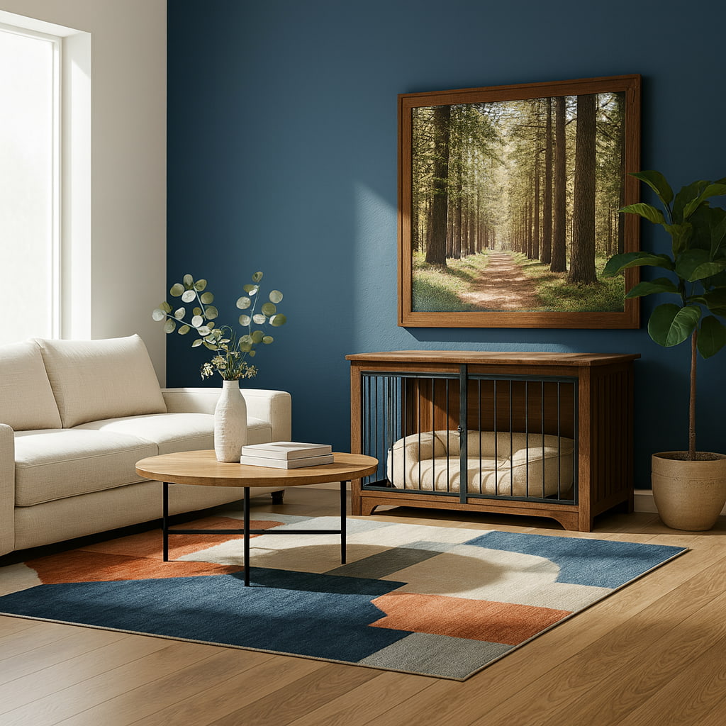 Living room with a beige sofa, wooden coffee table, and a framed picture of a forest on a blue wall.