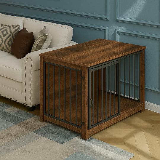 Wooden pet crate with metal bars in a living room setting