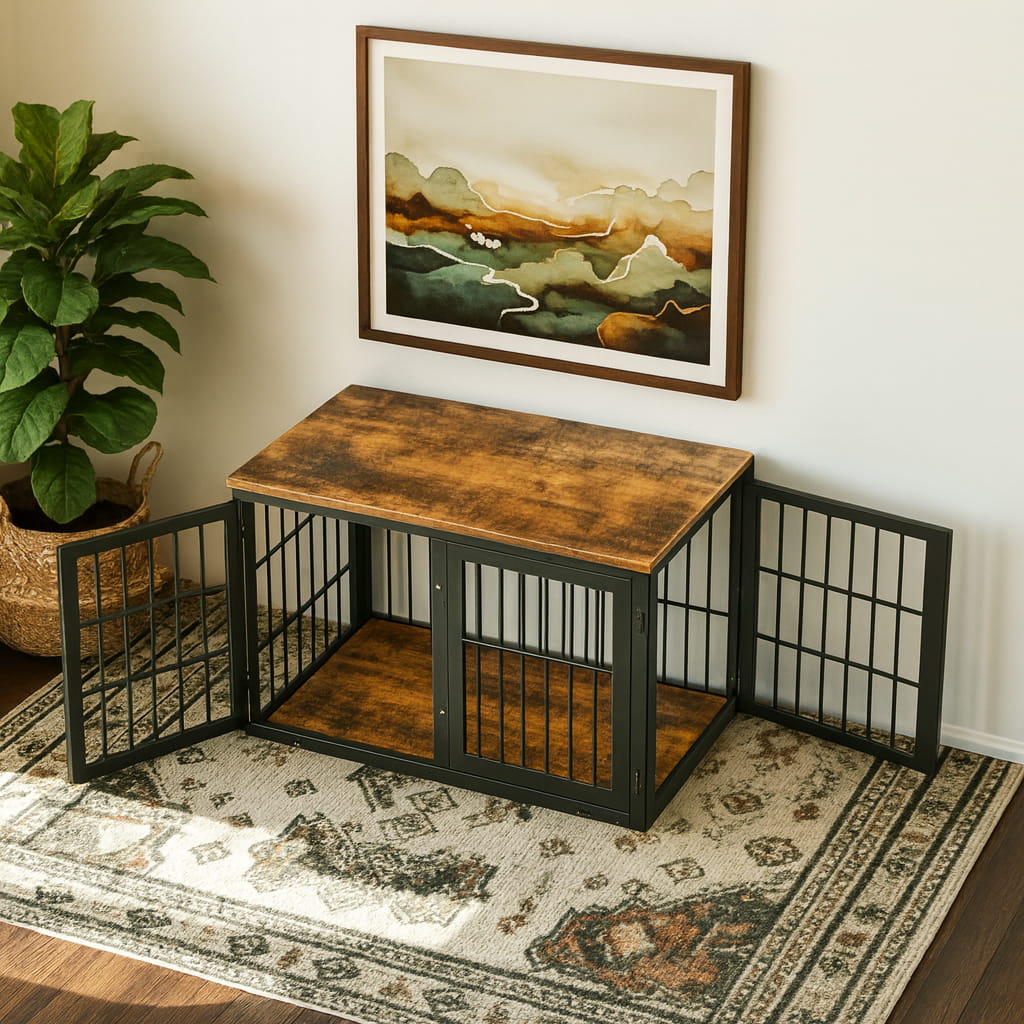 Wooden pet crate with metal bars in a room with a plant and framed artwork on the wall.