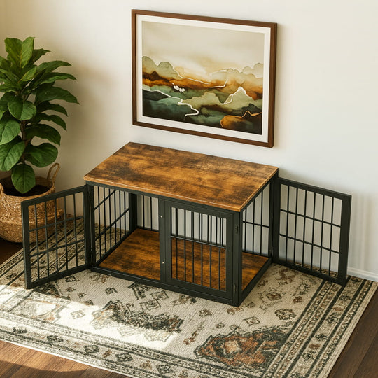 Wooden pet crate with metal bars in a room with a plant and framed artwork on the wall.