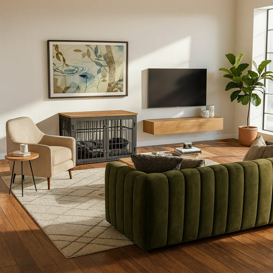 Modern living room with green sofa, TV, and decor