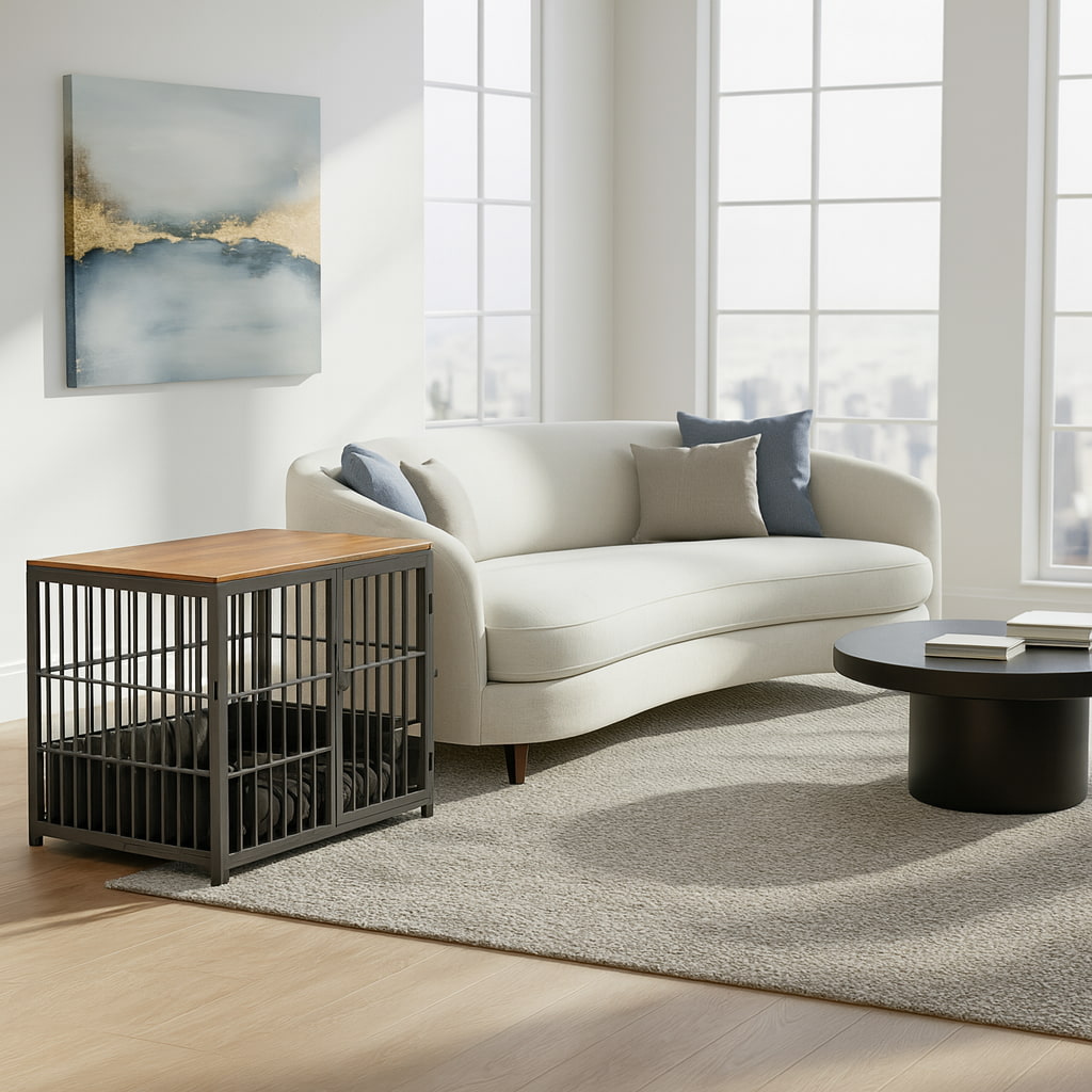 Modern living room with a white sofa, wooden side table, and metal pet crate.
