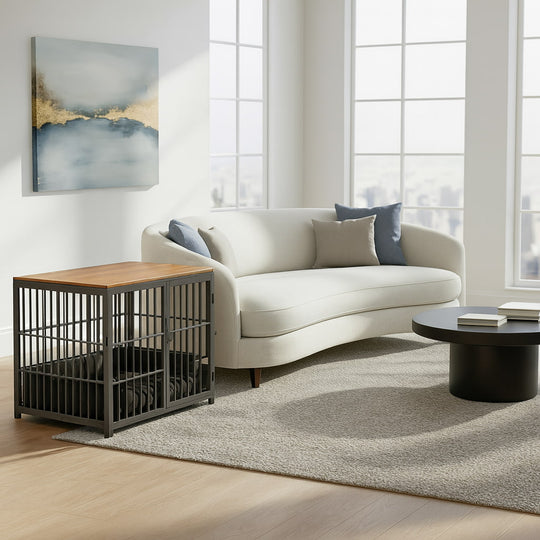 Modern living room with a white sofa, wooden side table, and metal pet crate.