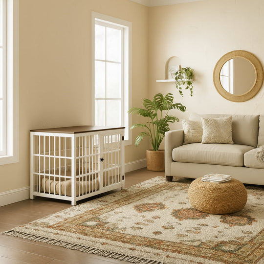 Living room with a white pet crate, beige sofa, and decorative rug.