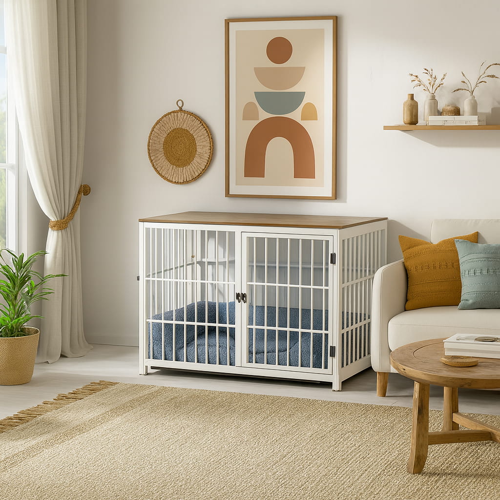 White pet crate in a living room with a couch, coffee table, and decorative items.
