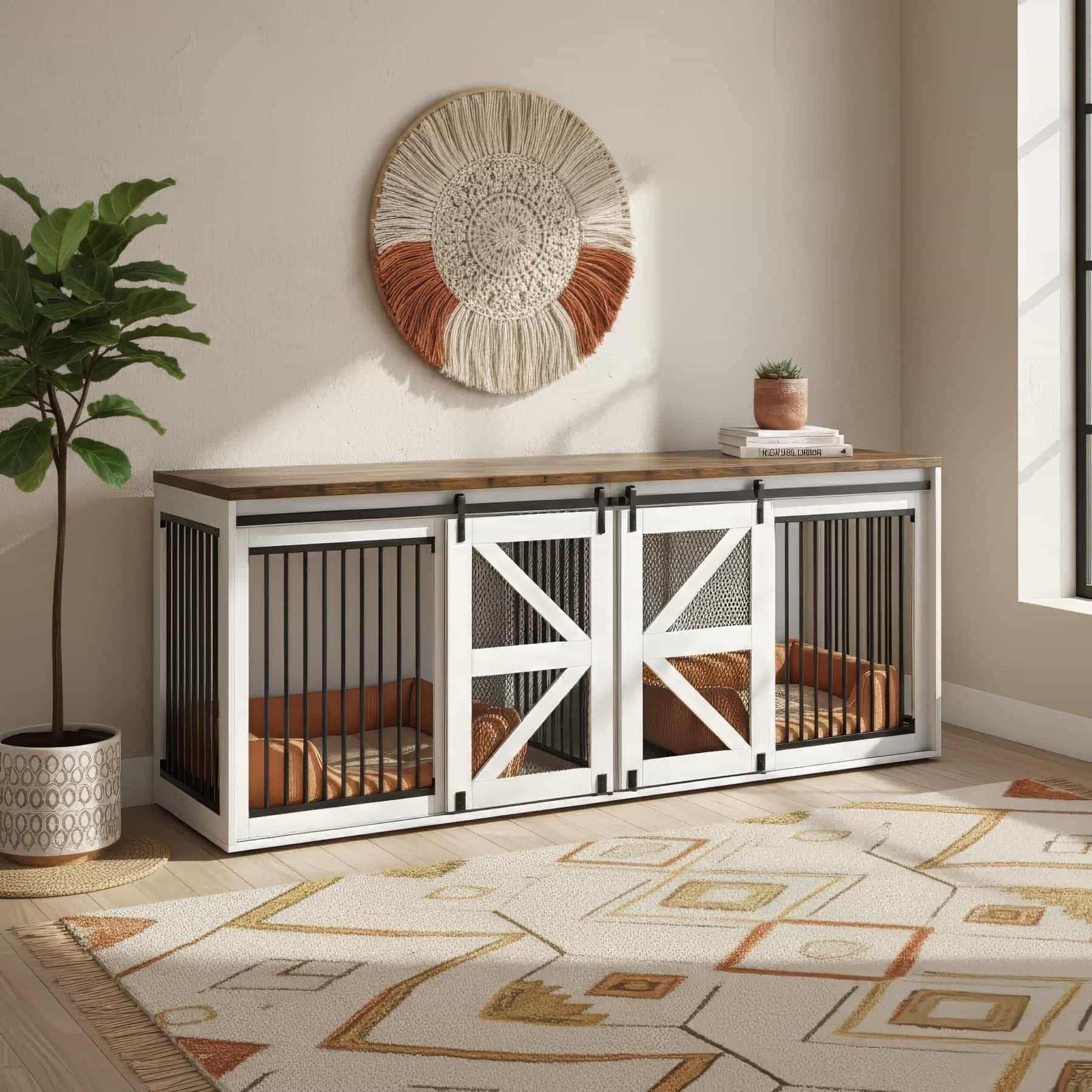 Large Wooden Dog Crate Furniture with Barn Doors & Divider - Haven ...