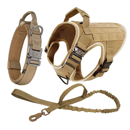 Reflective Dog Harness with 4 Metal Buckles Military Tactical Pet Training Walking K9 Vest Harnesses Leash Collar Set Large Dogs 