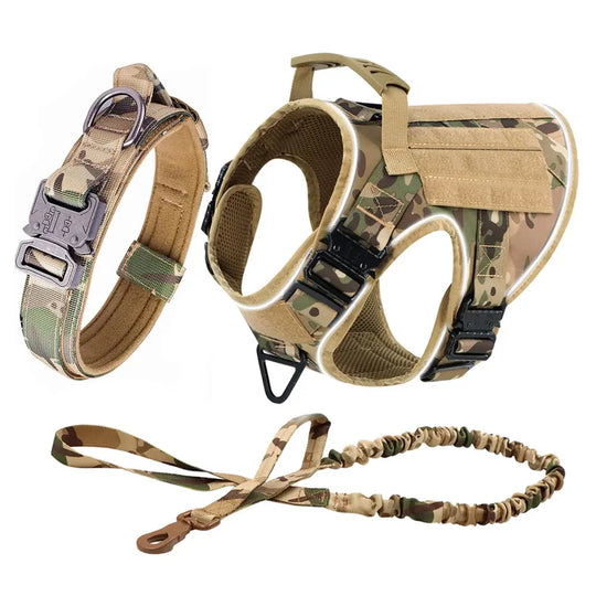 Reflective Dog Harness with 4 Metal Buckles Military Tactical Pet Training Walking K9 Vest Harnesses Leash Collar Set Large Dogs 