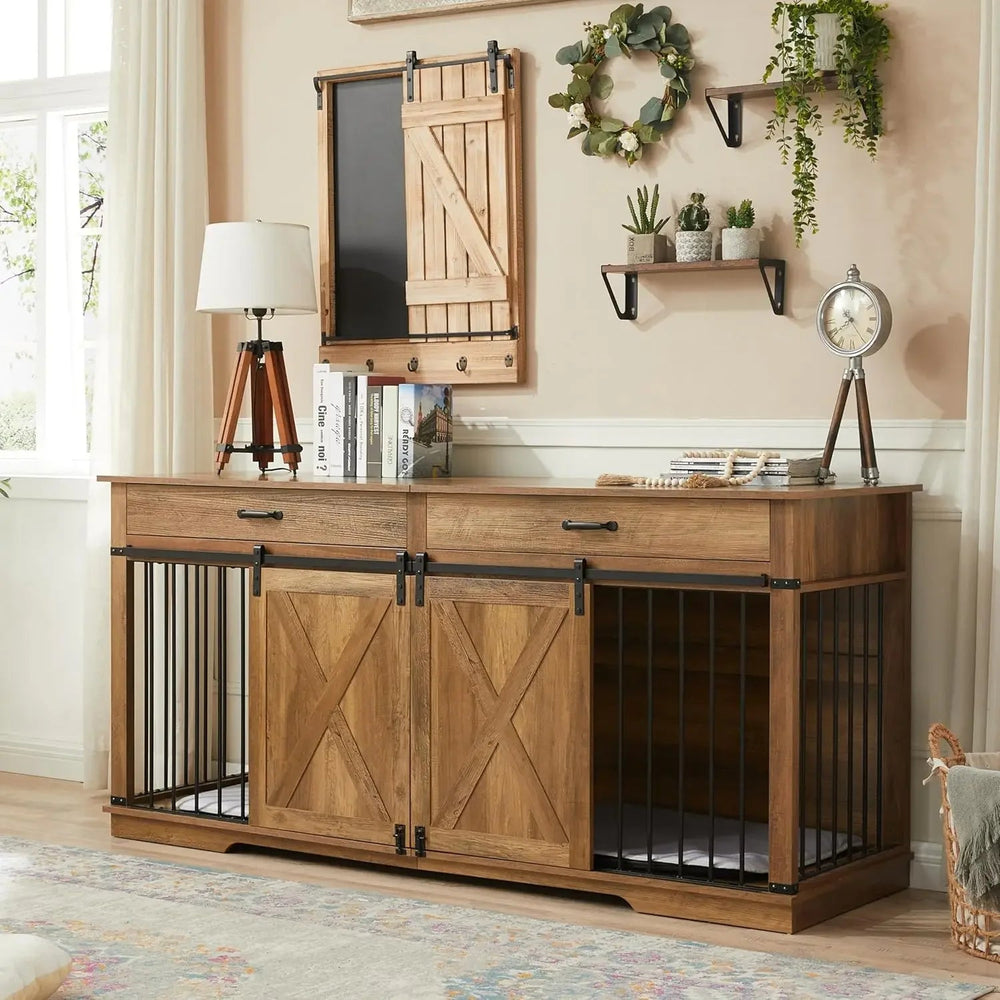 Extra Large Furniture Style Double Dog Crates for Large Breeds, Wooden Dog Kennel Furniture with Drawers 