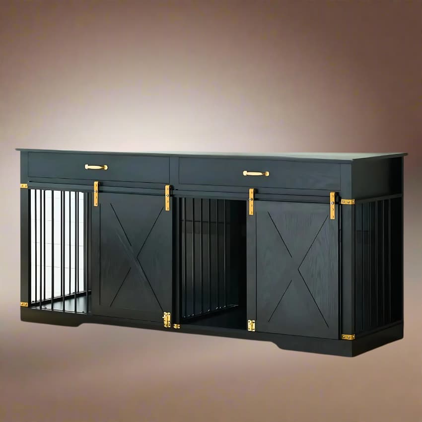 Extra Large Furniture Style Double Dog Crates for Large Breeds, Wooden Dog Kennel Furniture with Drawers 
