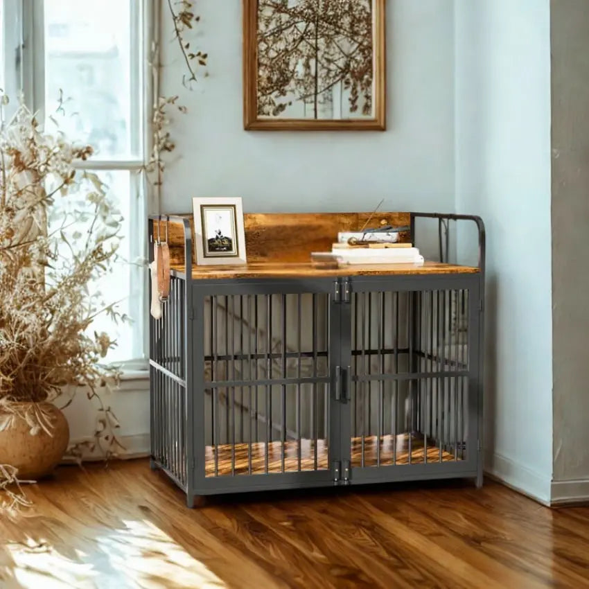 Large Dog Crate Furniture for Large Dogs, 43" Wooden Heavy Duty Dog Kennel with Double Doors, Decorative Pet House Dog 