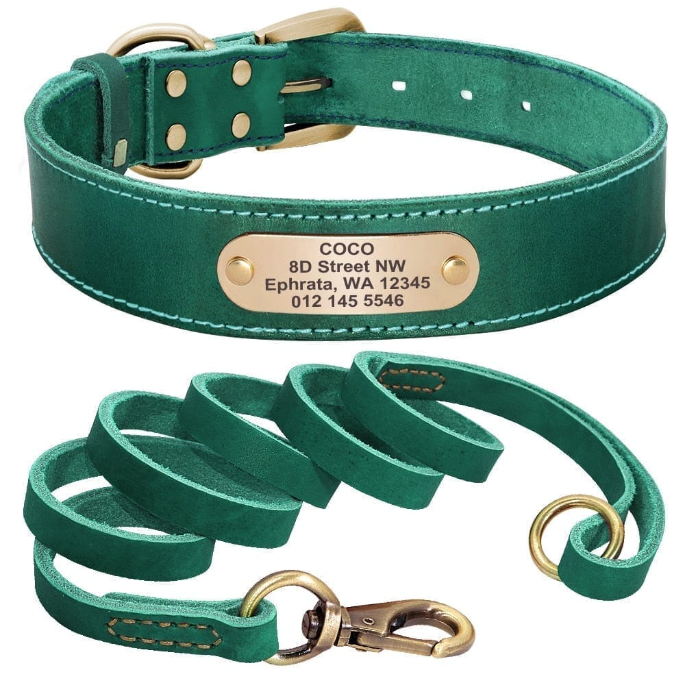 Personalized Genuine Leather Dog Collar BonaceBoutique Dark Turquoise Set XS 