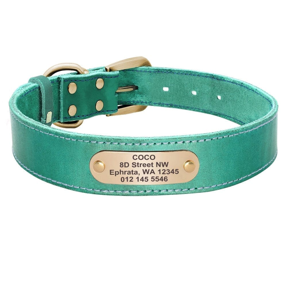 Personalized Genuine Leather Dog Collar BonaceBoutique Dark Turquoise XS 