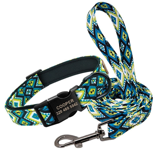 Personalized Patterned Dog Collar and Leash Set BonaceBoutique Blue Oasis Leash Set S 