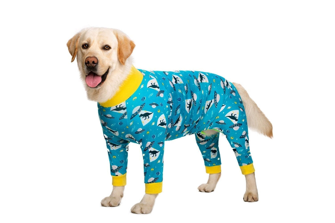 The Coziest Fleece Dog Pajamas BonaceBoutique Dinosaurs & Spaceships XS 